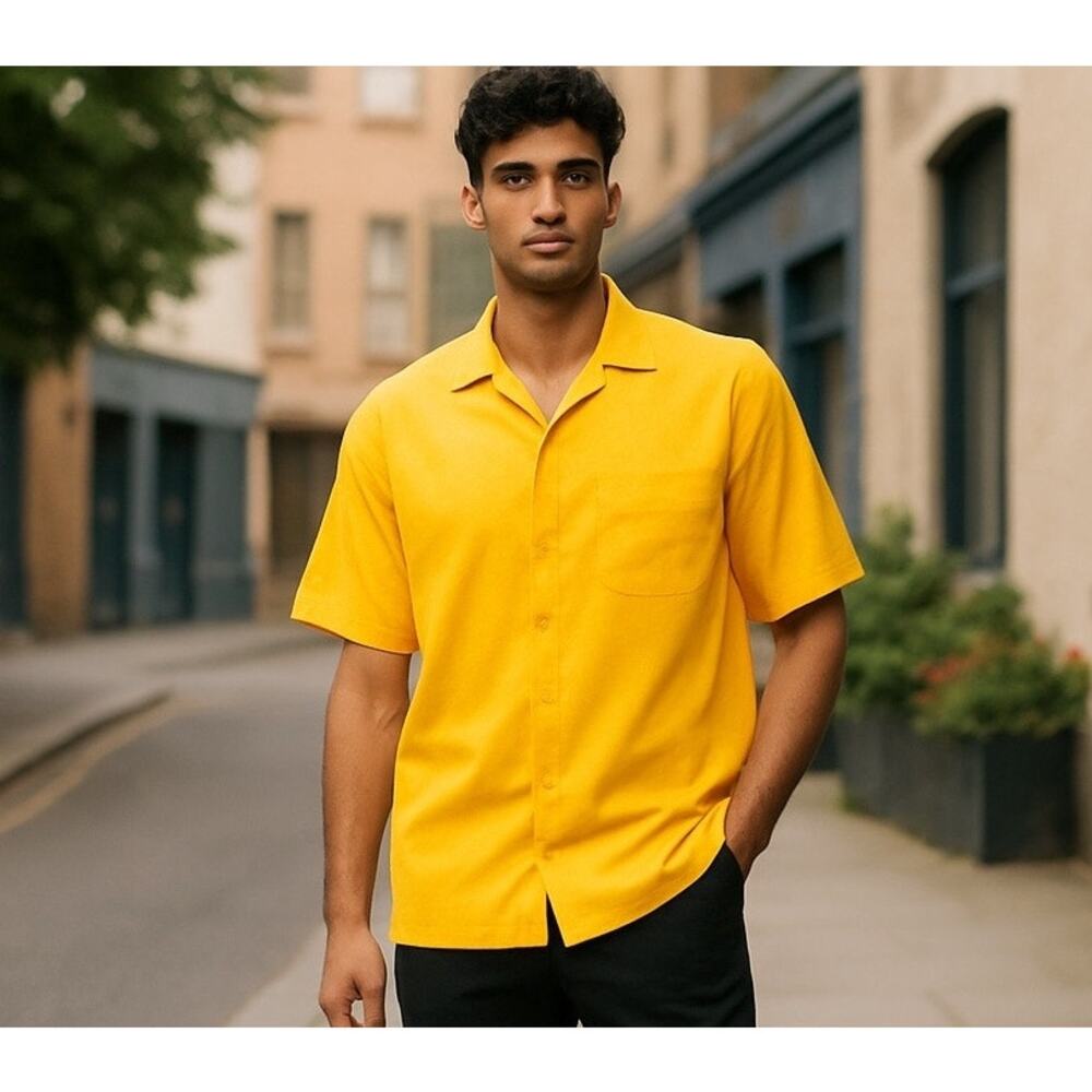 Synergy Men Button Down XL Bright Yellow Pockets Oversized Preppy Boho Resort